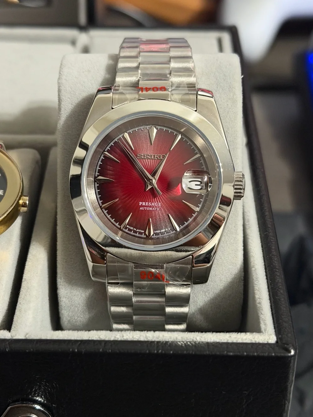 Custom Seiko Mod Automatic Watch – Red Presage Dial – Exhibition Caseback